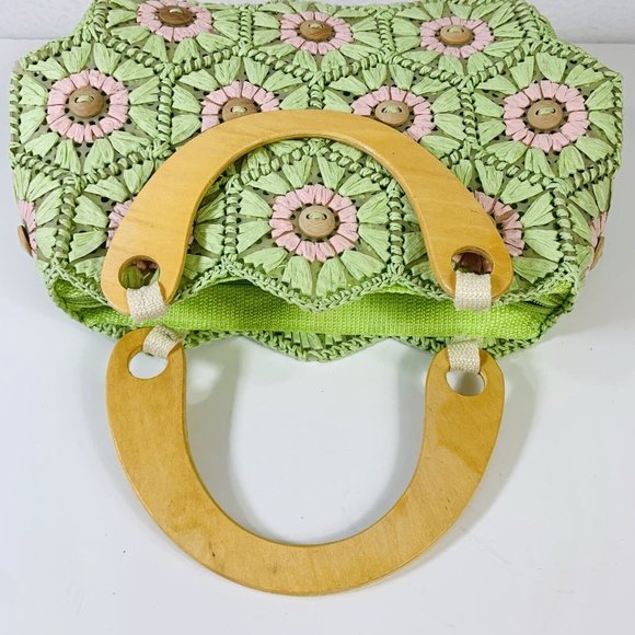 Summer Beach Cottage Straw Button Handbag Flower Lime Pink Wood Handles Purse - Picture 6 of 13
